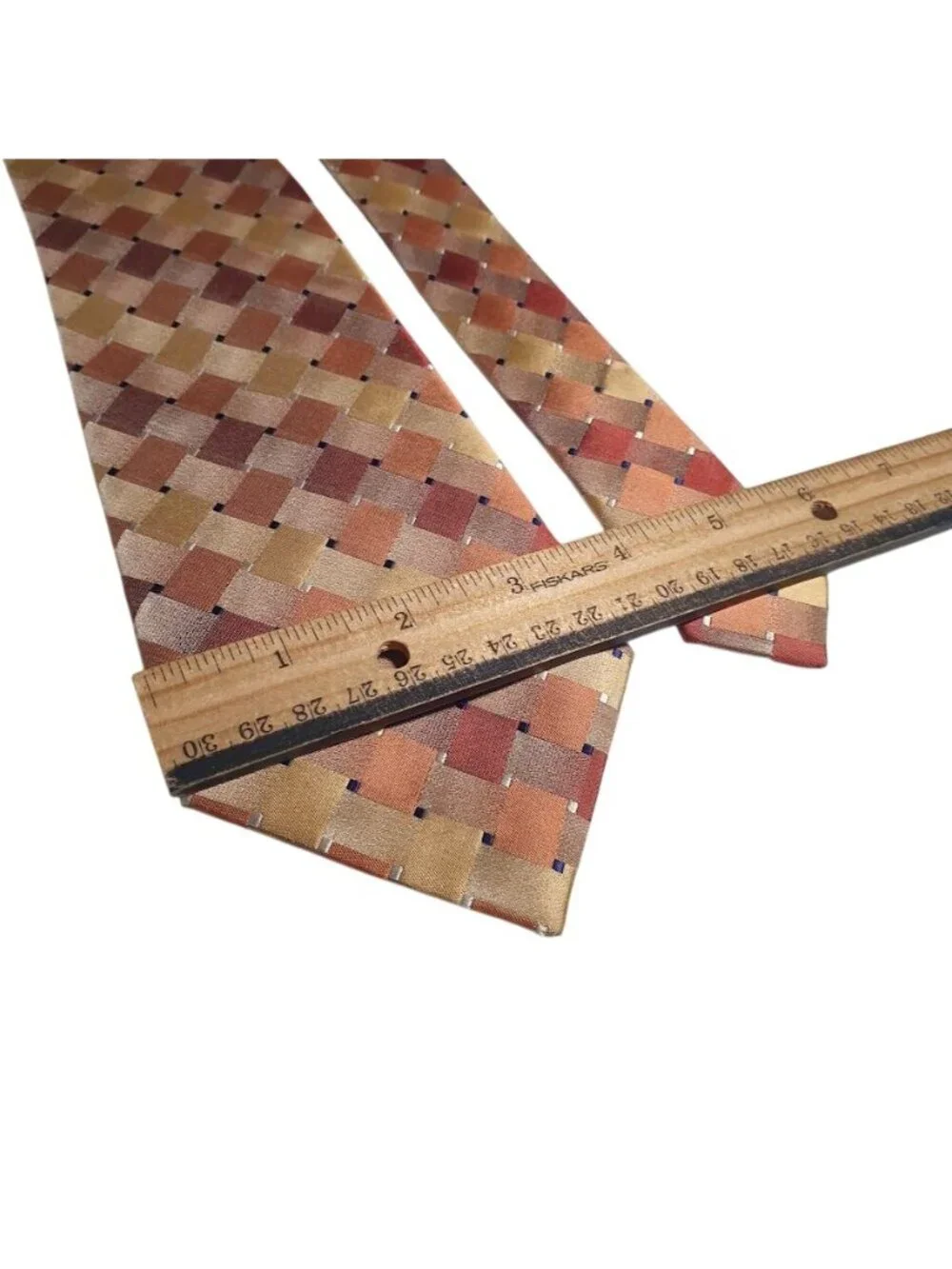 John Ashford Men Tie Peach Tan Orange Checkered Silk Stain Resistant 58 x 3.5